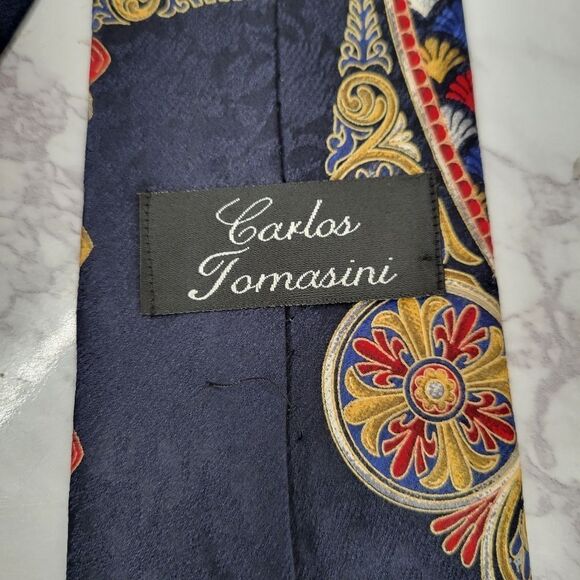 Carlos Tomasini Vintage Silk Navy Gold Red Pattern Necktie Men's Tie - Picture 8 of 9